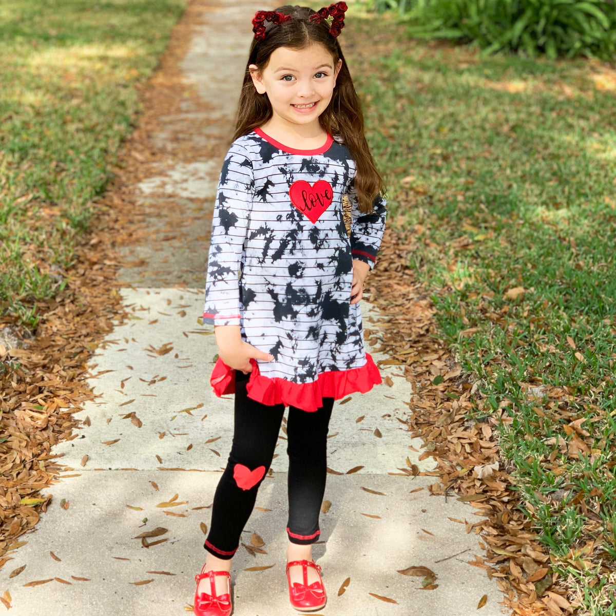 AnnLoren Girls Valentine's Day Heart Tie Dye Outfit Dress and Black Leggings-2
