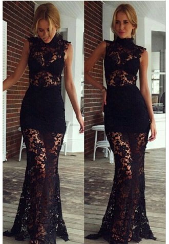 Fabulous Black Sleeveless Lace Mesh Crew Neck Floral Lace Skinny Maxi Dresses