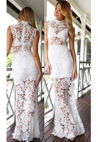 Fabulous Black Sleeveless Lace Mesh Crew Neck Floral Lace Skinny Maxi Dresses