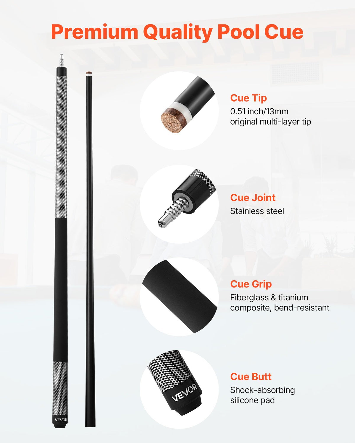 Pool Cue, 1 Piece Pool Stick, 58 inch & 21 oz Fiberglass Titanium Composite Billiard Pools Cue Stick with Multi-Layer Tip, Cues Sticks for Professional Pool Table, Bar, Home Pool Games, Office