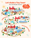 113PCS Wooden Train Set, for Kids Ages 3-8, Wood Train Track Toy with Storage Box, City Scene Railway Playset, Compatible with Major Brands, Christmas Birthday Toy for Toddlers Boys and Girls