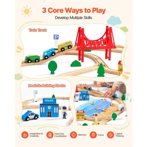 113PCS Wooden Train Set, for Kids Ages 3-8, Wood Train Track Toy with Storage Box, City Scene Railway Playset, Compatible with Major Brands, Christmas Birthday Toy for Toddlers Boys and Girls