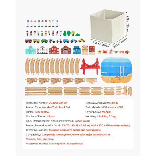 113PCS Wooden Train Set, for Kids Ages 3-8, Wood Train Track Toy with Storage Box, City Scene Railway Playset, Compatible with Major Brands, Christmas Birthday Toy for Toddlers Boys and Girls