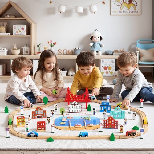 113PCS Wooden Train Set, for Kids Ages 3-8, Wood Train Track Toy with Storage Box, City Scene Railway Playset, Compatible with Major Brands, Christmas Birthday Toy for Toddlers Boys and Girls