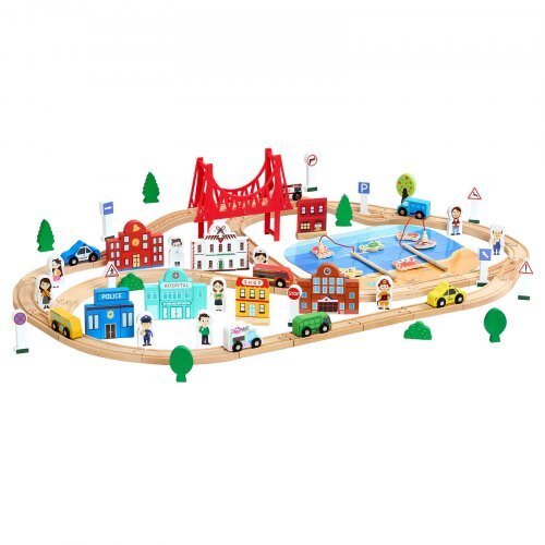 113PCS Wooden Train Set, for Kids Ages 3-8, Wood Train Track Toy with Storage Box, City Scene Railway Playset, Compatible with Major Brands, Christmas Birthday Toy for Toddlers Boys and Girls