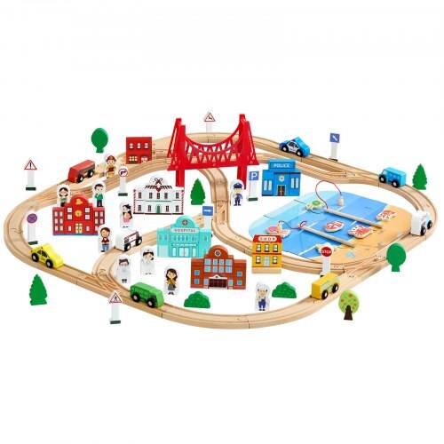 113PCS Wooden Train Set, for Kids Ages 3-8, Wood Train Track Toy with Storage Box, City Scene Railway Playset, Compatible with Major Brands, Christmas Birthday Toy for Toddlers Boys and Girls