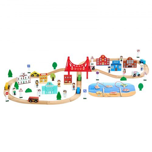 113PCS Wooden Train Set, for Kids Ages 3-8, Wood Train Track Toy with Storage Box, City Scene Railway Playset, Compatible with Major Brands, Christmas Birthday Toy for Toddlers Boys and Girls