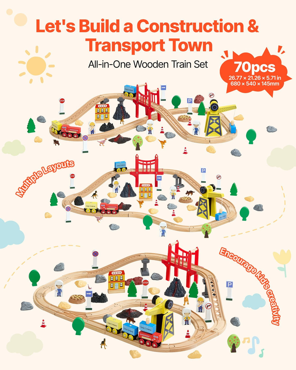 70PCS Wooden Train Set, with Magnetic Crane, Wood Train Track Toy for Kids Ages 3-8, Construction Crane Railway Set, Compatible with Major Brands, Christmas Birthday Toy for Toddlers Boys Girls