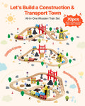 70PCS Wooden Train Set, with Magnetic Crane, Wood Train Track Toy for Kids Ages 3-8, Construction Crane Railway Set, Compatible with Major Brands, Christmas Birthday Toy for Toddlers Boys Girls