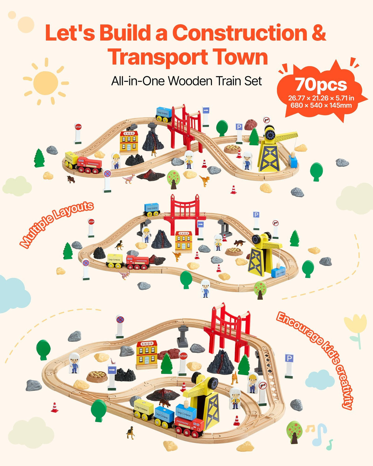 70PCS Wooden Train Set, with Magnetic Crane, Wood Train Track Toy for Kids Ages 3-8, Construction Crane Railway Set, Compatible with Major Brands, Christmas Birthday Toy for Toddlers Boys Girls