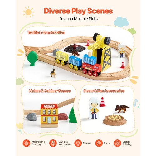70PCS Wooden Train Set, with Magnetic Crane, Wood Train Track Toy for Kids Ages 3-8, Construction Crane Railway Set, Compatible with Major Brands, Christmas Birthday Toy for Toddlers Boys Girls