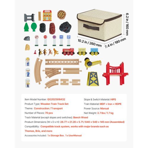 70PCS Wooden Train Set, with Magnetic Crane, Wood Train Track Toy for Kids Ages 3-8, Construction Crane Railway Set, Compatible with Major Brands, Christmas Birthday Toy for Toddlers Boys Girls