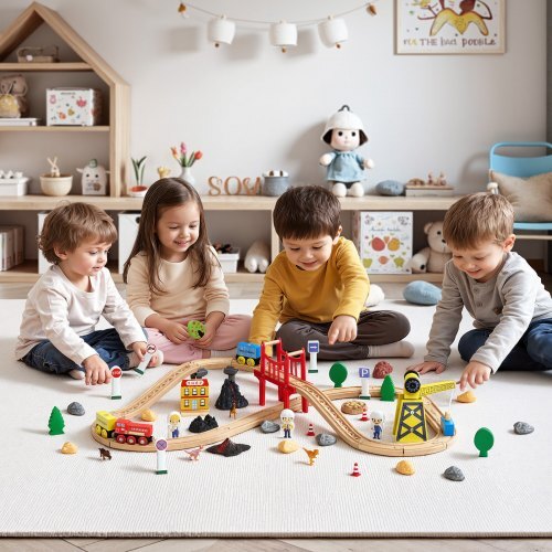 70PCS Wooden Train Set, with Magnetic Crane, Wood Train Track Toy for Kids Ages 3-8, Construction Crane Railway Set, Compatible with Major Brands, Christmas Birthday Toy for Toddlers Boys Girls