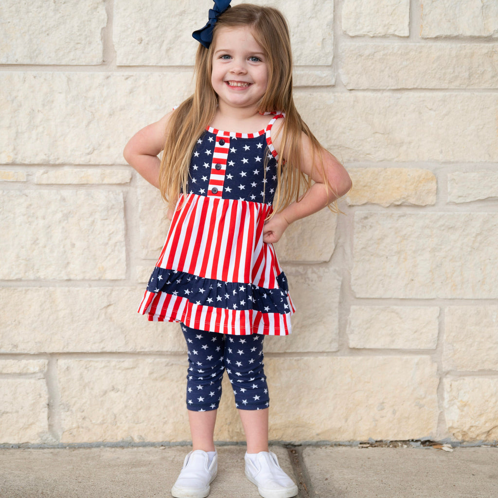 AnnLoren Girls 4th of July Stars & Striped Dress & Capri Leggings Outfit-2