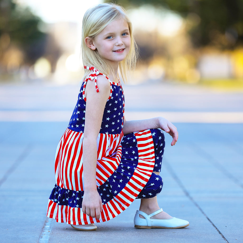 AnnLoren Girls 4th of July Stars & Striped Dress & Capri Leggings Outfit-3