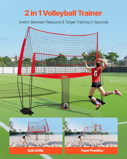 2-in-1 Volleyball Training Net System, Freely Height-Adjustable Practice Equipment with Ball Return, Portable Net Station, Easy Setup for Backyard Indoor Outdoor Serving Spiking Improve Accuracy
