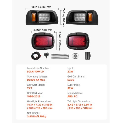 Golf Cart Light Kit, 12 Volt, LED Headlight and Tail Light Kit with Wiring Harness, Switch, Zip Ties, ABS Housing, High-Brightness, Waterproof and Dustproof, Fit for EZGO TXT 1996-2013 Models