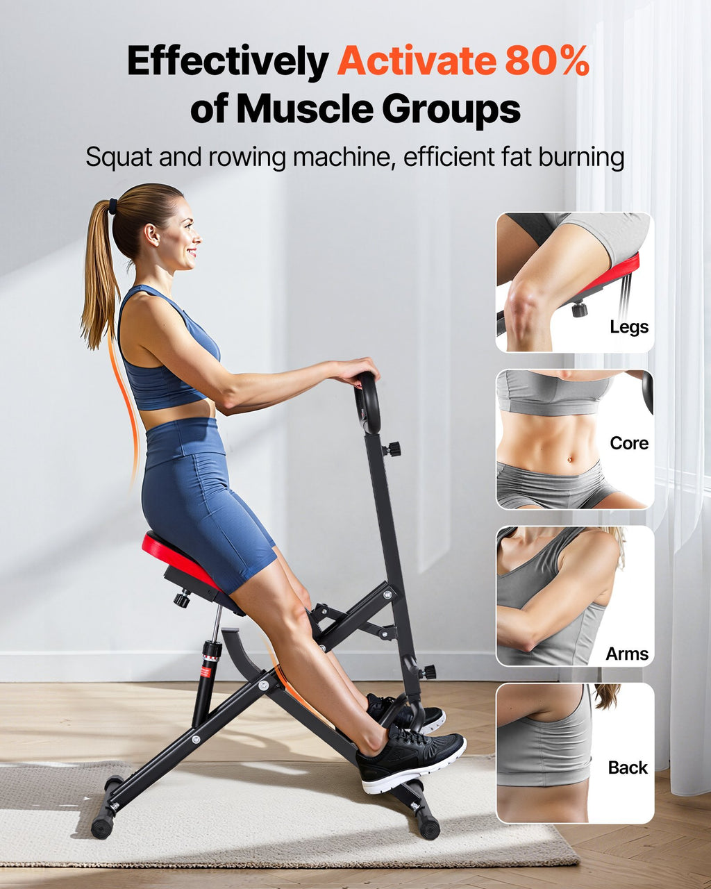 Squat Machine, Deep Squat Rowing Machine for Home, Easy Setup & Foldable Exercise Equipment, Glute Trainer Machine with 12-Gear Adjustable Resistance, Glutes & Leg Home Workout Machine, Black