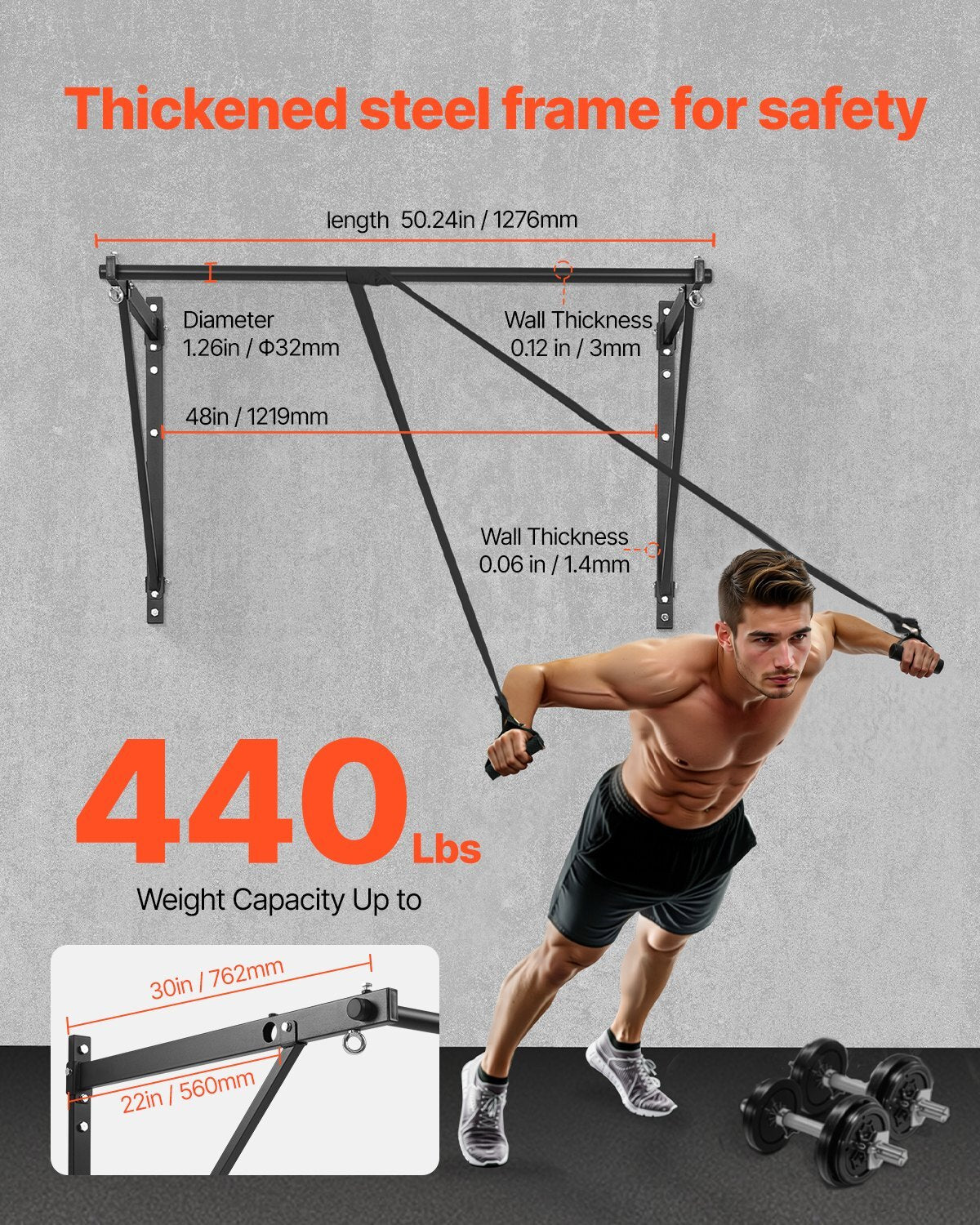 Pull Up Bar, 50 in Width Wall Mounted Pull Ups, Adjustable Depth 22" or 30" from Wall, Heavy Duty Steel Upper Body Workout Bars, 440 lbs Weight Capacity Chin Up Training Station, for Home Gym