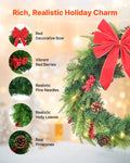 Christmas Wreath, 24 Inches Pre-Lit Artificial Christmas Wreath with 50 LED Lights and Timer, Decorated with Pine Cones, Red Berry Clusters, Holly Leaves, Suitable for Fireplace Door Window