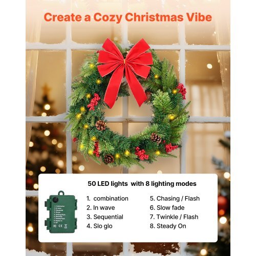 Christmas Wreath, 24 Inches Pre-Lit Artificial Christmas Wreath with 50 LED Lights and Timer, Decorated with Pine Cones, Red Berry Clusters, Holly Leaves, Suitable for Fireplace Door Window