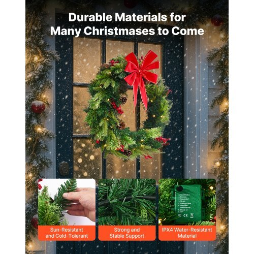 Christmas Wreath, 24 Inches Pre-Lit Artificial Christmas Wreath with 50 LED Lights and Timer, Decorated with Pine Cones, Red Berry Clusters, Holly Leaves, Suitable for Fireplace Door Window