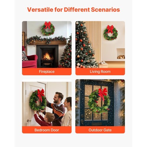 Christmas Wreath, 24 Inches Pre-Lit Artificial Christmas Wreath with 50 LED Lights and Timer, Decorated with Pine Cones, Red Berry Clusters, Holly Leaves, Suitable for Fireplace Door Window
