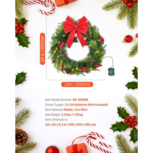 Christmas Wreath, 24 Inches Pre-Lit Artificial Christmas Wreath with 50 LED Lights and Timer, Decorated with Pine Cones, Red Berry Clusters, Holly Leaves, Suitable for Fireplace Door Window