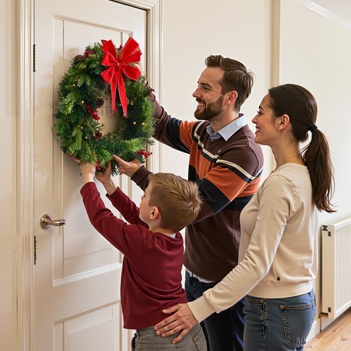 Christmas Wreath, 24 Inches Pre-Lit Artificial Christmas Wreath with 50 LED Lights and Timer, Decorated with Pine Cones, Red Berry Clusters, Holly Leaves, Suitable for Fireplace Door Window