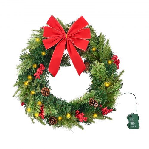 Christmas Wreath, 24 Inches Pre-Lit Artificial Christmas Wreath with 50 LED Lights and Timer, Decorated with Pine Cones, Red Berry Clusters, Holly Leaves, Suitable for Fireplace Door Window