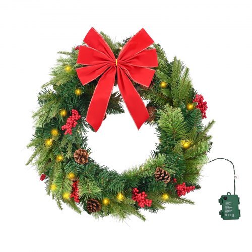 Christmas Wreath, 24 Inches Pre-Lit Artificial Christmas Wreath with 50 LED Lights and Timer, Decorated with Pine Cones, Red Berry Clusters, Holly Leaves, Suitable for Fireplace Door Window