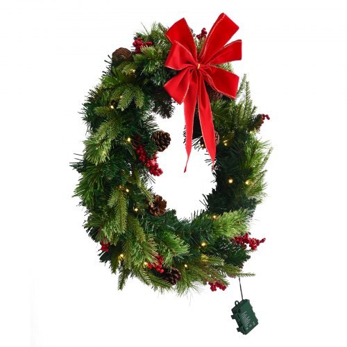Christmas Wreath, 24 Inches Pre-Lit Artificial Christmas Wreath with 50 LED Lights and Timer, Decorated with Pine Cones, Red Berry Clusters, Holly Leaves, Suitable for Fireplace Door Window