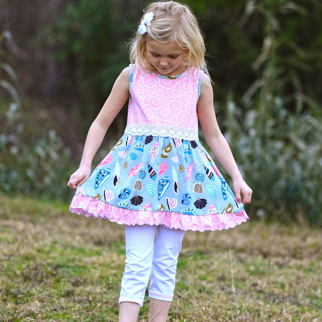 AnnLoren Girls Seashells & Swirls Dress & White Capri Leggings Boutique Set-3