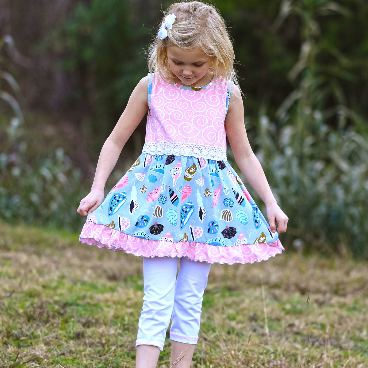 AnnLoren Girls Seashells & Swirls Dress & White Capri Leggings Boutique Set-3