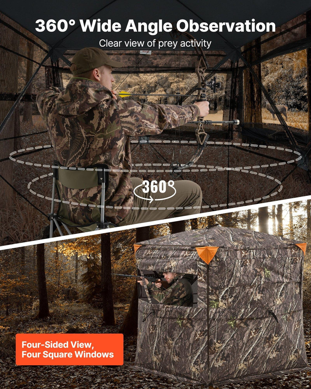 Hunting Blind, 2-3 Person See Through Ground Blinds with Carrying Bag, 360 Degree Portable Camouflage Tent, Durable Concealed Shelter with Silent Side Door and Window, for Turkey and Deer