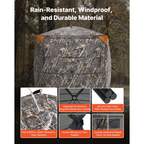 Hunting Blind, 2-3 Person See Through Ground Blinds with Carrying Bag, 360 Degree Portable Camouflage Tent, Durable Concealed Shelter with Silent Side Door and Window, for Turkey and Deer