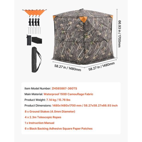 Hunting Blind, 2-3 Person See Through Ground Blinds with Carrying Bag, 360 Degree Portable Camouflage Tent, Durable Concealed Shelter with Silent Side Door and Window, for Turkey and Deer