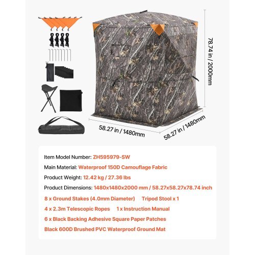Hunting Blind, 2-3 Person Thermal Ground Blinds with Tri-Leg Chair and Carrying Bag, Portable Camouflage Tent, Durable Concealed Shelter with Silent Zipper Door and Window, for Turkey Deer