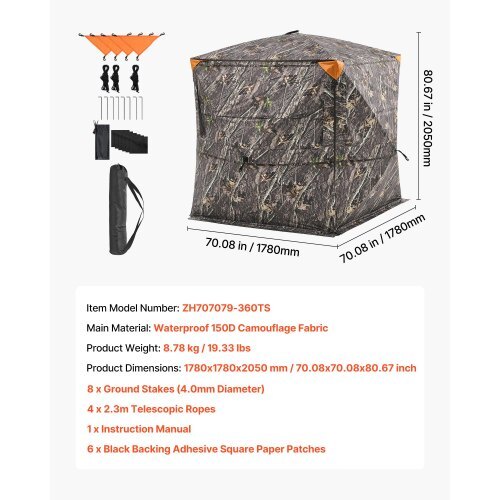 Hunting Blind, 4-5 Person See Through Ground Blinds with Carrying Bag, 360 Degree Portable Camouflage Tent, Durable Concealed Shelter with Silent Zipper Door and Window, for Turkey and Deer