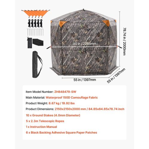Hunting Blind, 6-7 Person Ground Blinds with Carrying Bag, Portable Camouflage Tent, Reinforced Durable Concealed Shelter with Silent Zipper Door and Window, for Turkey and Deer