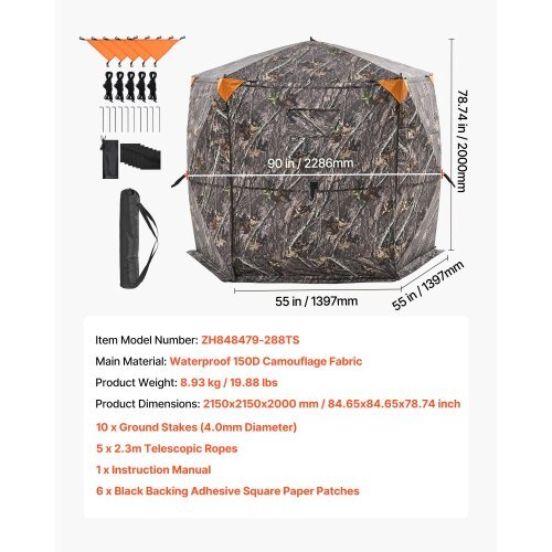 Hunting Blind, 6-7 Person, 288 Degree 5 Side See-Through Ground Blinds with Carrying Bag, Portable Camouflage Tent, Durable Concealed Shelter with Silent Zipper Door and Window, for Turkey Deer
