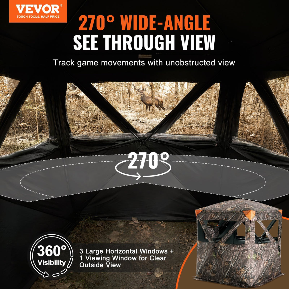 Hunting Blind, 270? Ground Blind, 1-2 Person Pop Up Deer Blind for Hunting with Carrying Bag, Portable Resilient Hunting Tent, 3 Horizontal Windows for Turkey and Deer Hunting
