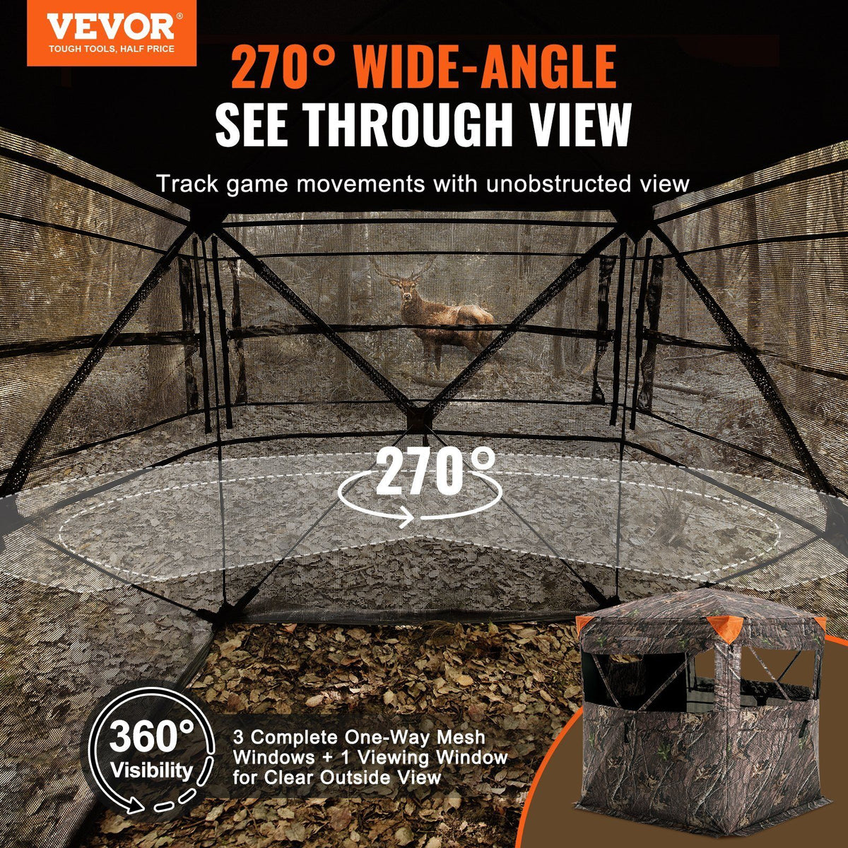 Hunting Blind, 270? See Through Ground Blind, 1-2 Person Pop Up Deer Blind for Hunting with Carrying Bag, Portable Resilient Hunting Tent, One-Way See-Through Mesh for Turkey and Deer Hunting