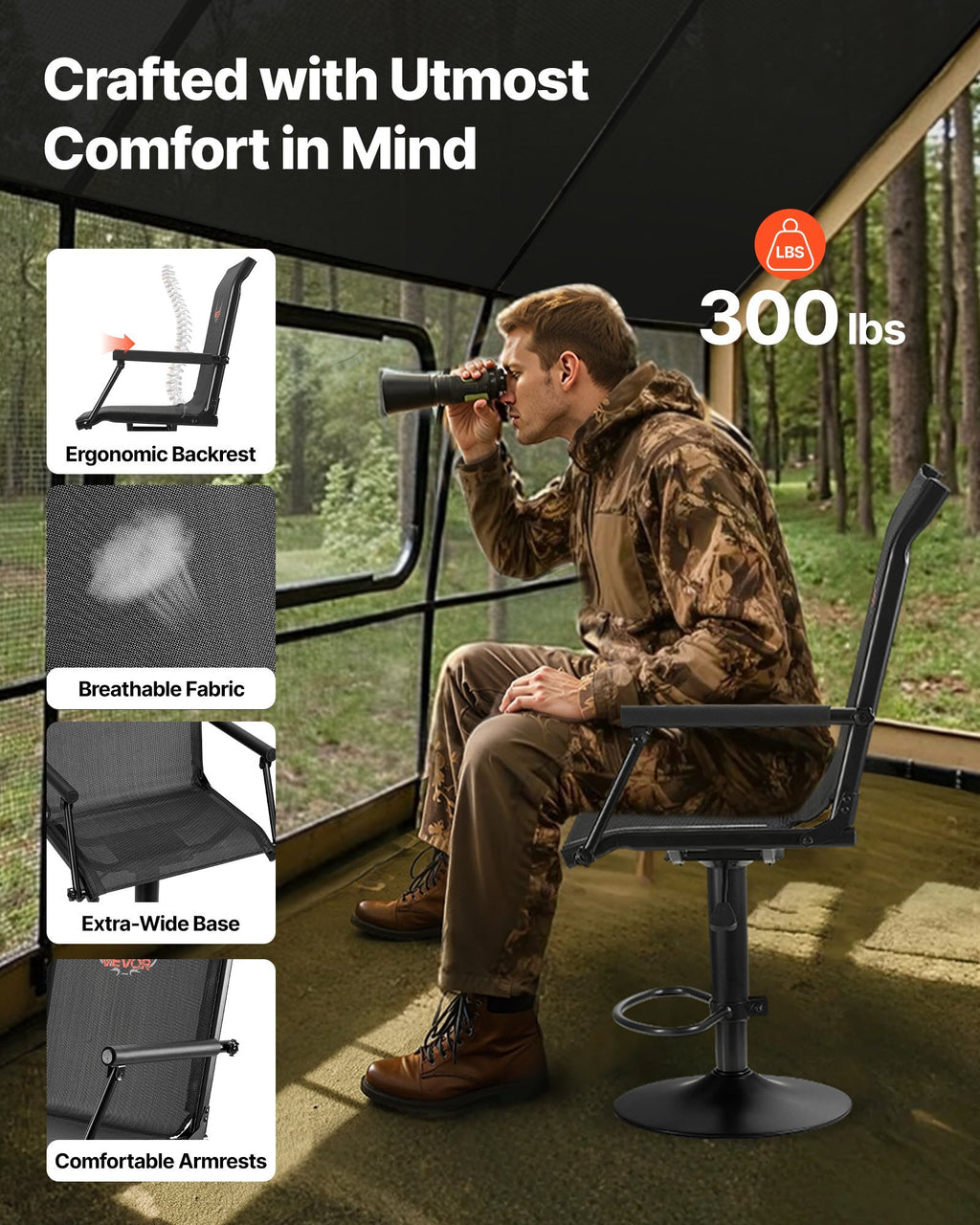 Hunting Chair, 360? Silent Swivel, Lightweight Blind Chair, Heavy-Duty Steel Frame Ground Stool Seat, with Padded Armrests, Height Adjustable, 300 Lbs Capacity, for Outdoor Fishing, Camping
