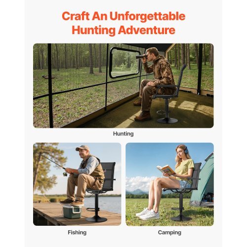 Hunting Chair, 360? Silent Swivel, Lightweight Blind Chair, Heavy-Duty Steel Frame Ground Stool Seat, with Padded Armrests, Height Adjustable, 300 Lbs Capacity, for Outdoor Fishing, Camping