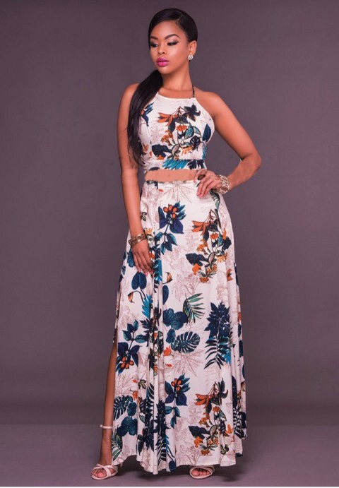 Flowers Print Cross Back Side Slit Maxi Dress