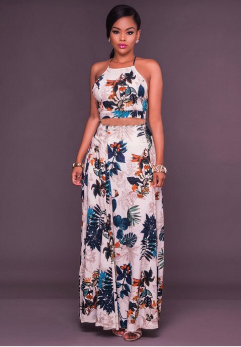 Flowers Print Cross Back Side Slit Maxi Dress