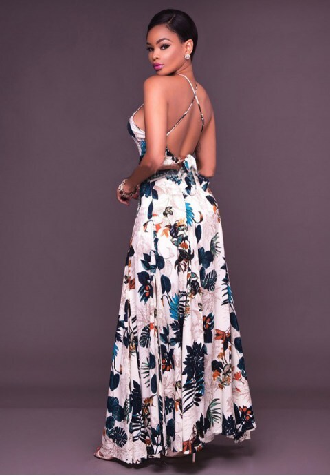 Flowers Print Cross Back Side Slit Maxi Dress