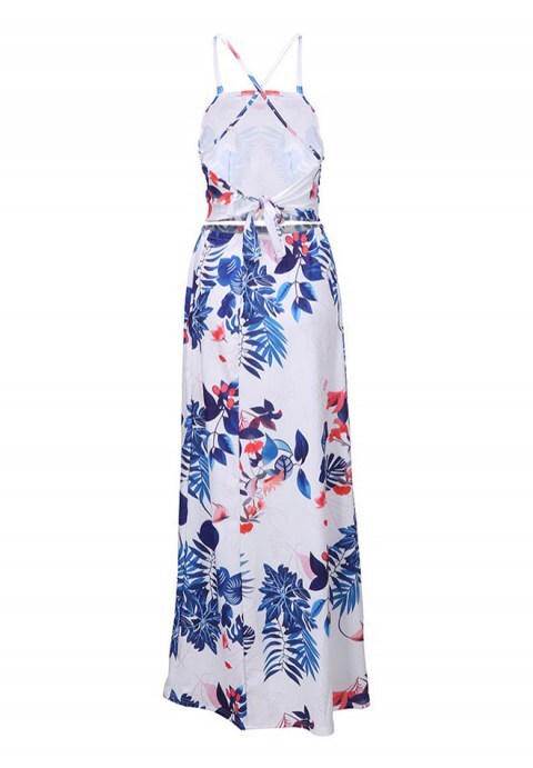Flowers Print Cross Back Side Slit Maxi Dress
