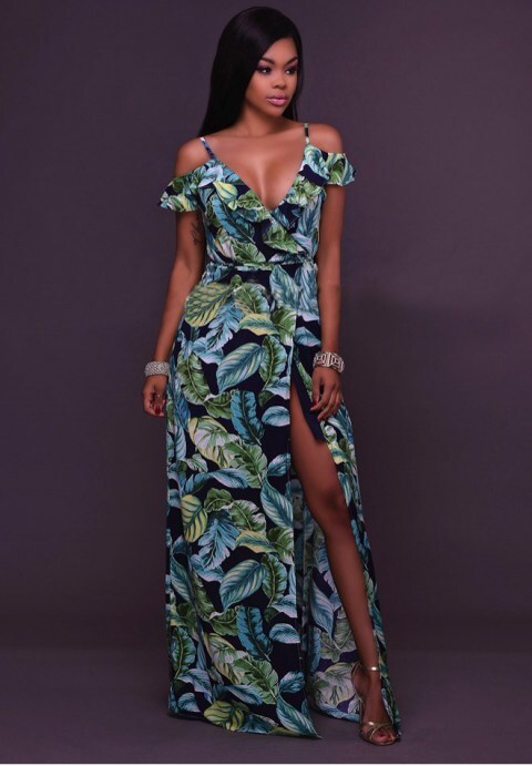 Leaf Print Ruffle Maxi Dress